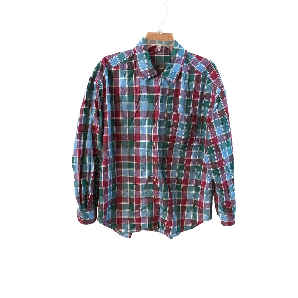 Lizwear Plaid Button Down Shirt Mens Medium Green Burgundy Cotton Long Sleeve